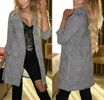 Buy Womens Ladies Check Dogtooth Long Blazer Suit Work Formal Jacket Coat Plus Size • 15.99£