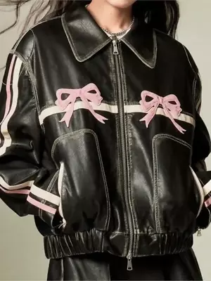 Buy Women Black Leather Bomber Jacket Moto Diddi Moda Style Pink Coquette Bow Y2K • 75£