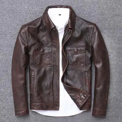 Buy Mens Vintage Dark Brown Distressed Real Sheep Leather Jacket Biker Style Collard • 29£