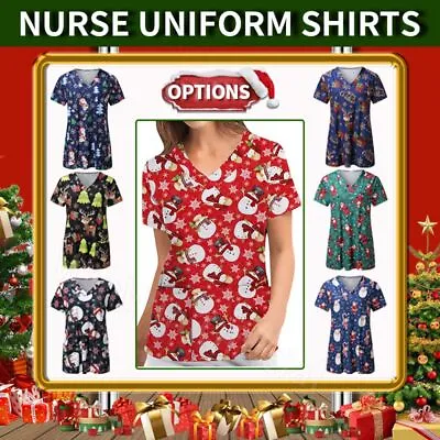 Buy Christmas Unisex Nursing Uniform T-Shirt Scrub Short Sleeve Tops Tee Blouse UK • 8.45£