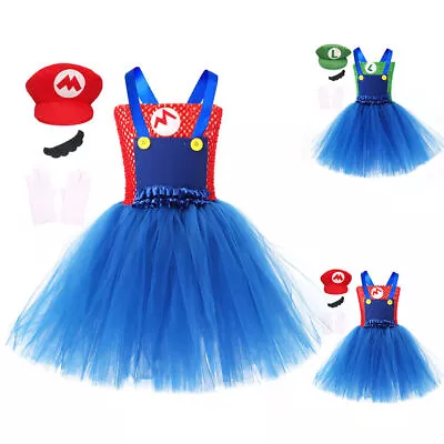 Buy Girls Super Mario Luigi Plumber Fancy Dress Cosplay Costume Child Outfit Clothes • 22.59£