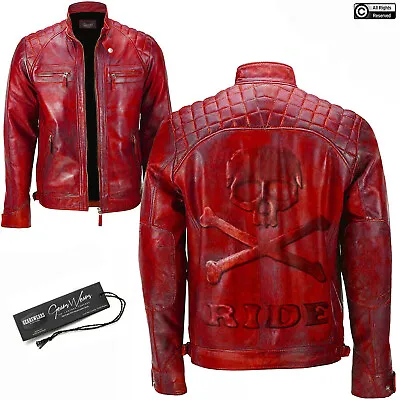 Buy Men's Red Biker Vintage Distressed Classic Diamond Leather Jacket With Skull  • 229.99£
