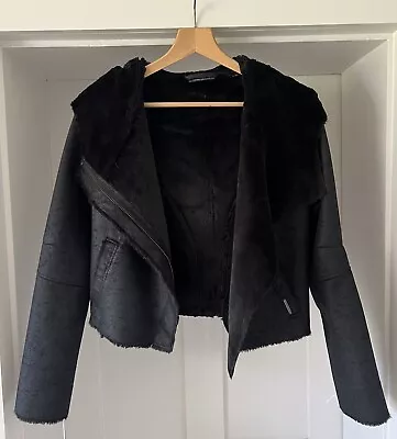 Buy DKNY Black Faux Leather Zip Up Hooded Jacket With Faux Fur Lining Size XS • 28.99£