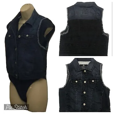 Buy Vanity Jeans Jacket Vest Button Up Youth Sz S Frayed Dark Blue Denim Black Lace • 8.55£
