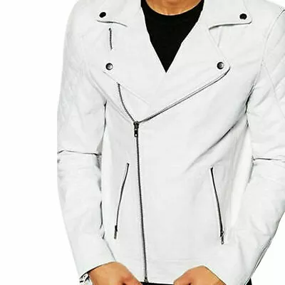 Buy Mens Real Lambskin Leather Jacket Slim Fit Retro White Quilted Biker Jacket • 19.80£
