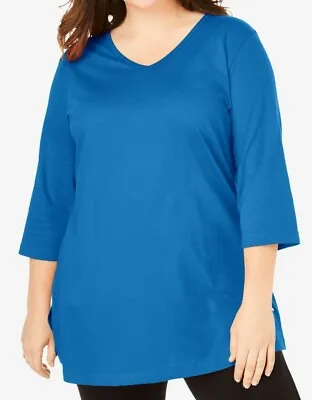 Buy Woman Within V-Neck Deep Cobalt 2XL (26/28) 3/4 Sleeve Tunic Top Plus Size NWOT. • 7.92£
