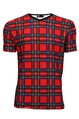 Buy Men's Red Tartan Classic Punk Print V-Neck T-Shirt Top Goth Emo • 21.99£