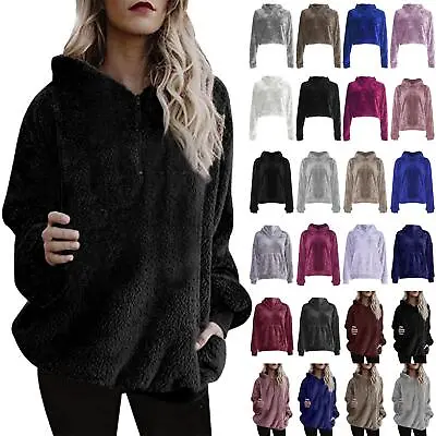 Buy Womens Teddy Bear Fur Fluffy Fleece Ladies Half Zip Side Pockets Hooded Hoodies • 9.99£