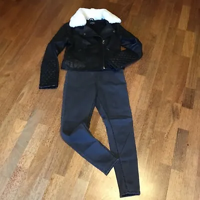 Buy Ladies Size 10 Black Faux Leather Biker Jacket - Fur Collar & Grey Jeggings R49 • 7.50£