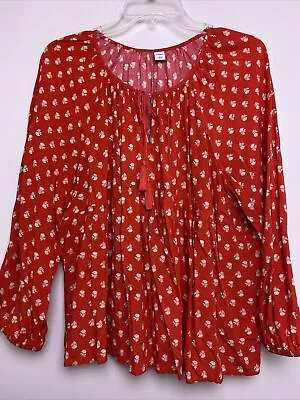 Buy OLD NAVY Coral Red Beige Floral Boho Peasant Top Long Sleeve Blouse Sz XL • 17.99£
