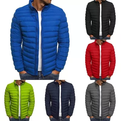 Buy Sleek Men's Quilted Puffer Zip Up Jacket With Stand Collar Winter Outwear • 15.52£