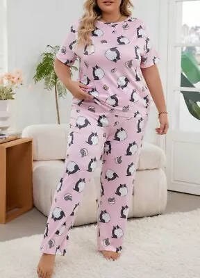 Buy Pyjama Set Plus 18 20 22 24 26 28 Pink Cute Cat Stretch Loungewear Comfort • 12.50£