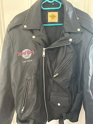 Buy Hard Rock Cafe Las Vegas Black Bomber Jacker Leather Jacket - Size Large Retro • 189£