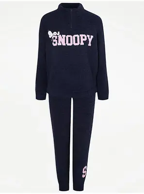 Buy Peanuts Snoopy Ladies Navy Super Soft Fleece Cosy Cute Pyjamas Size 20-22 • 24£