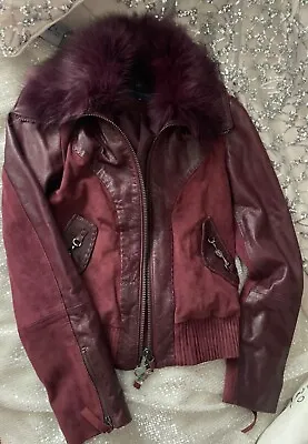 Buy Trussardi Jeans 100% Leather & Suede Burgundy Jacket With Real Fox Fur Size 38 • 35.19£