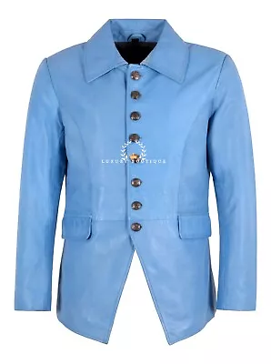 Buy Lucifer Stonewashed Blue Men's Smart Gothic Lambskin Leather Blazer Shirt Jacket • 119.99£