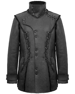 Buy Devil Fashion Mens Dieselpunk Winter Coat Jacket Black Shearling PU Leather Goth • 82.49£