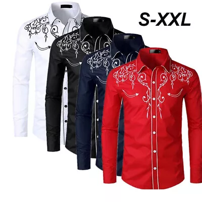 Buy Mens Retro Western Cowboy Shirt Long Sleeve Embroidery Casual Buttons Down Shirt • 13.99£