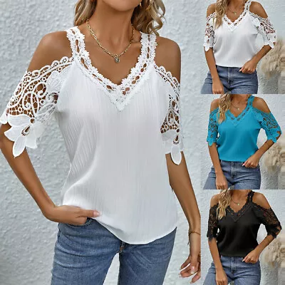 Buy Women Lace Cold Shoulder T-Shirt Ladies V Neck Summer Casual Loose Blouse Tops • 13.67£