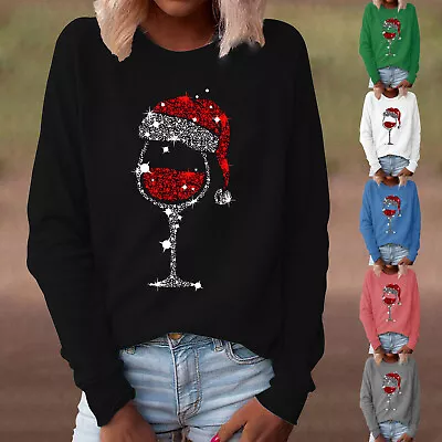 Buy Women's Christmas Long Sleeve Wine Glass Print Blouse Christmas T-Shirt Sweater • 9.99£