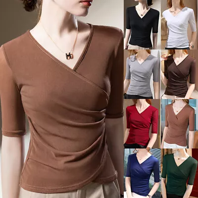 Buy Women's Mesh Solid Half Sleeve Wrap Style T-Shirt Basic Top Size S-3XL • 15.42£