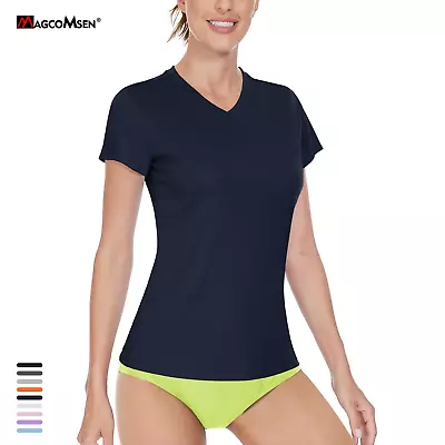 Buy UPF50+ Women's Rash Guard T-Shirts Short Sleeve V-Neck UV Protection Casual Top  • 14.38£