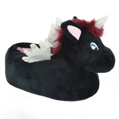 Buy Ladies / Teens / Girls Plush Novelty Dark Black Gothic Unicorn Pegasus Slippers • 12.99£