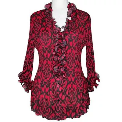 Buy Dress Barn Plus Size 1X Red & Black Pleated Crinkle Ruffle 3/4 Sleeve Top • 33.14£