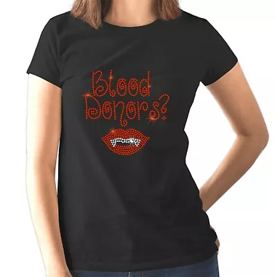 Buy BLOOD DONORS Rhinestone Ladies T Shirt - Vampire Retro Design - Any Size  • 10.99£