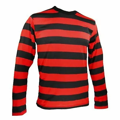 Buy Unisex Red Black Striped T-Shirt Denis Top Full Sleeve Fancy Dress Outfit UK • 9.99£