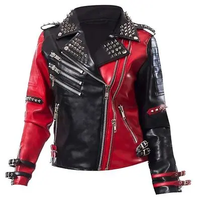 Buy Harley Quinn Heartless Asylum Studded Biker Black & Red Leather Jacket For Women • 25.09£