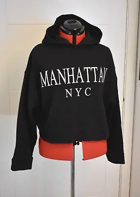 Buy Black Manhattan Cropped Pullover Hoodie S M Zara Oversized Hooded Long Sleeved • 3.50£