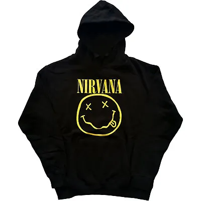 Buy Nirvana Official Unisex Pullover Hoodie: Yellow Happy Face - Black Cotton • 26.99£