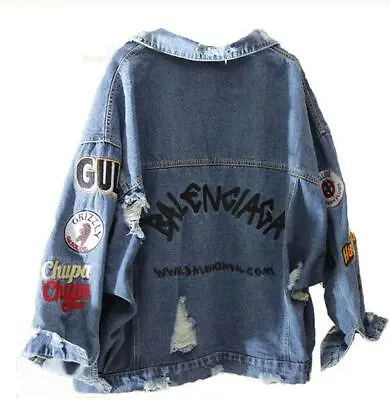 Buy Womens Loose Denim Jacket Embroidery Coat Hip Hop Hole Breasted Jeans Outwear • 29.99£