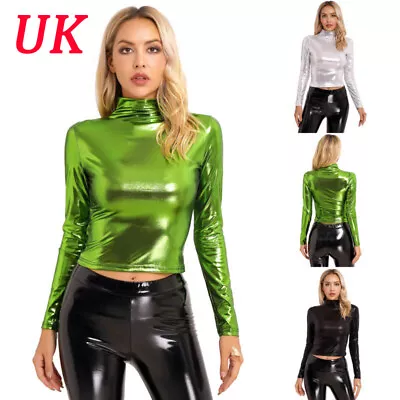 Buy Womens Metallic Longsleeve T-Shirts Shiny Slim Fit Mock Neck Top For Party Club • 12.99£