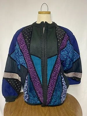 Buy Vintage 90s Metallic Purple Teal Cardigan Sweater Funky Color Block 90s Jacket S • 42.48£