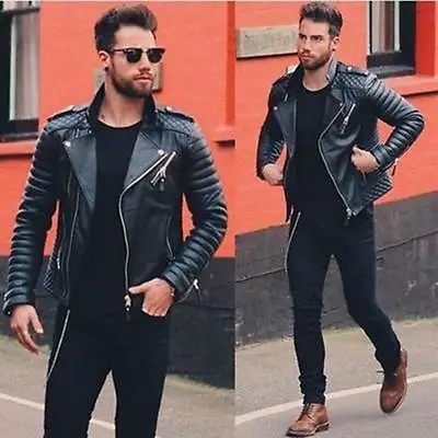 Buy Mens Genuine Lambskin Quilted Leather Biker Motorcycle Slim Fit Jacket BNWT • 83.99£