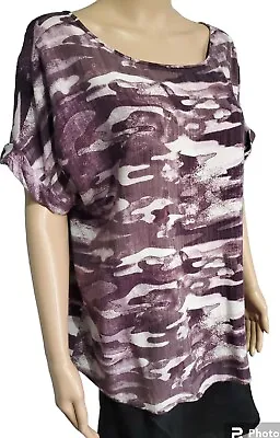 Buy Rock & Republic Top L Purple Camo Short Sleeve Strappy Back Round Blouse • 14.41£