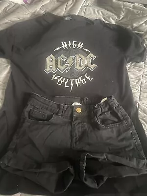 Buy Girls Outfit Set AC/DC Oversized T-Shirt Next Black Denim Shorts H&M 11-12 • 6£