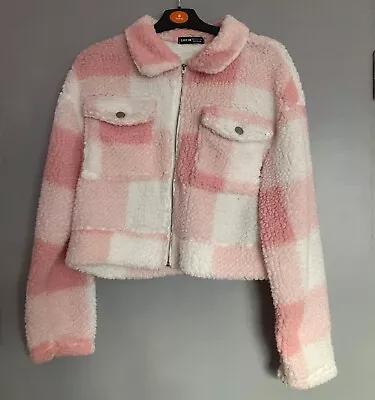 Buy Shein Ladies Teddy Fleece Pink Checked Zip Up Jacket Size Xs Rarely Worn • 8.50£