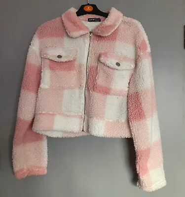 Buy Shein Teddy Fleece Pink Checked Zip Up Jacket Size Xs Rarely Worn • 8.50£