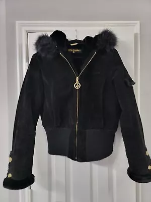 Buy Baby Phat Black Embroidery Genuine Leather Suede Fur Lined Hooded Coat Jacket XL • 23.62£