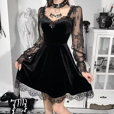 Buy Women Gothic Lace Dress Clothes Retro Party Punk Slim Velvet Dresses Long Sleeve • 28.76£
