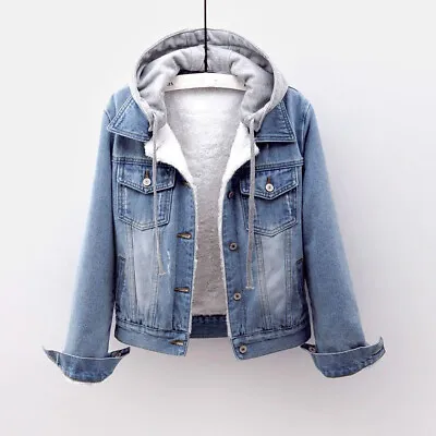 Buy Women Denim Jeans Jackets Hooded Thick Fleece Lining Short Vintage Sweatshirt • 20.26£