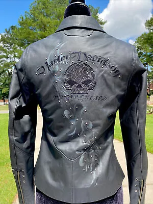 Buy Harley Davidson Women WICKED Willie G Skull Rhinestone Leather Jacket XS BLING • 227.32£