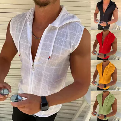Buy Mens Sleeveless Zip Up Hoodies Vest Solid Sport Gym Fitness Plaid Tank T Shirt • 15.59£