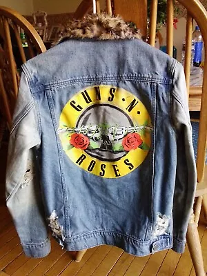Buy Guns N Roses Women's Denim Jacket With Cheetah Print Faux Fur Collar Size US Sm. • 20.02£