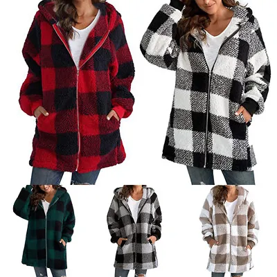 Buy Women Plaid Long Sleeve Fleece Fuzzy Jackets Ladies Zip Up Hooded Coat Outwear • 5.99£
