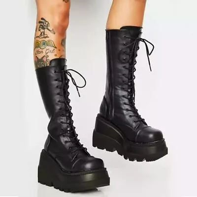 Buy Gothic Punk Casual Mid Calf Boots Womens Lace Up Chunky High Heel Platform Shoes • 6.60£
