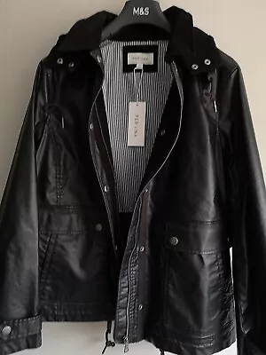 Buy Rrp £89 Ladies M&s Per Una Sizes 14 Or 16 Black Faux Leather Jacket Coat Hood • 44.99£